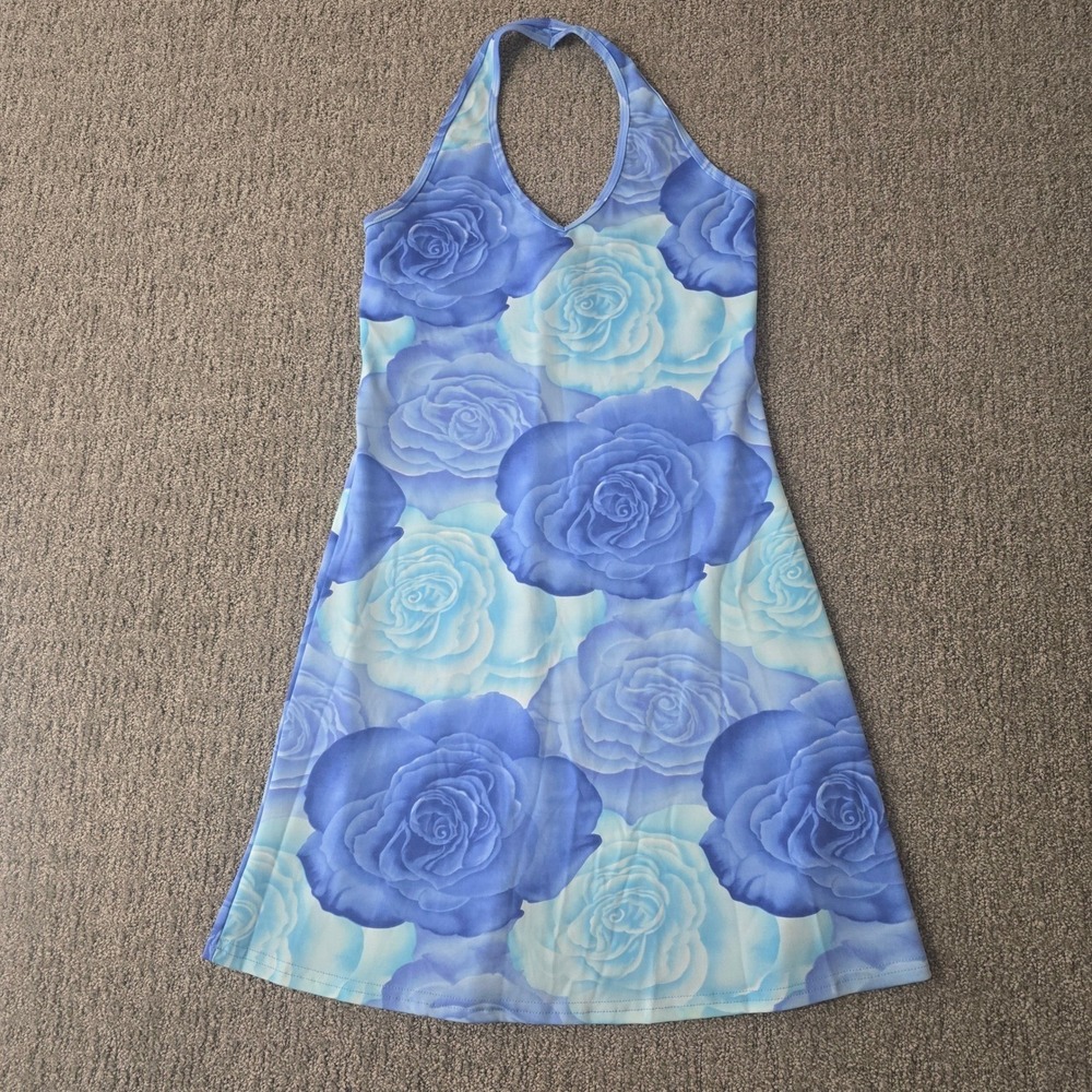 Vintage Y2K Beware Floral Blue Mini Dress Halter Coquette Size M